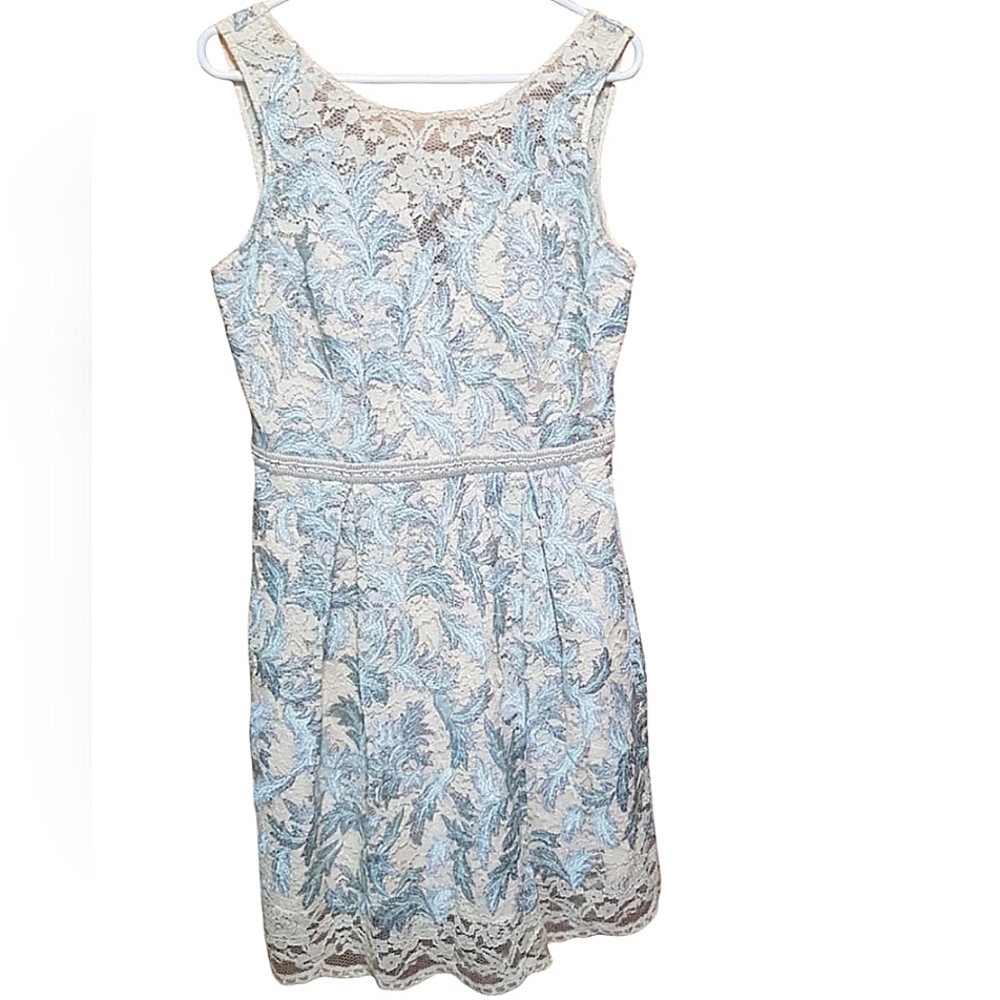 Classy Cream Periwinkle Lace Party Dress Rhinestone Beaded Waistline